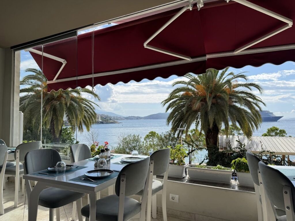 view of water from balcony restaurant saranda alabania seafood grill.